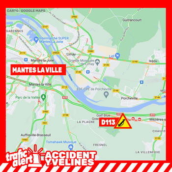 Accident bus/voiture sur la D113 au sud-est de Mantes-la-Ville (78)